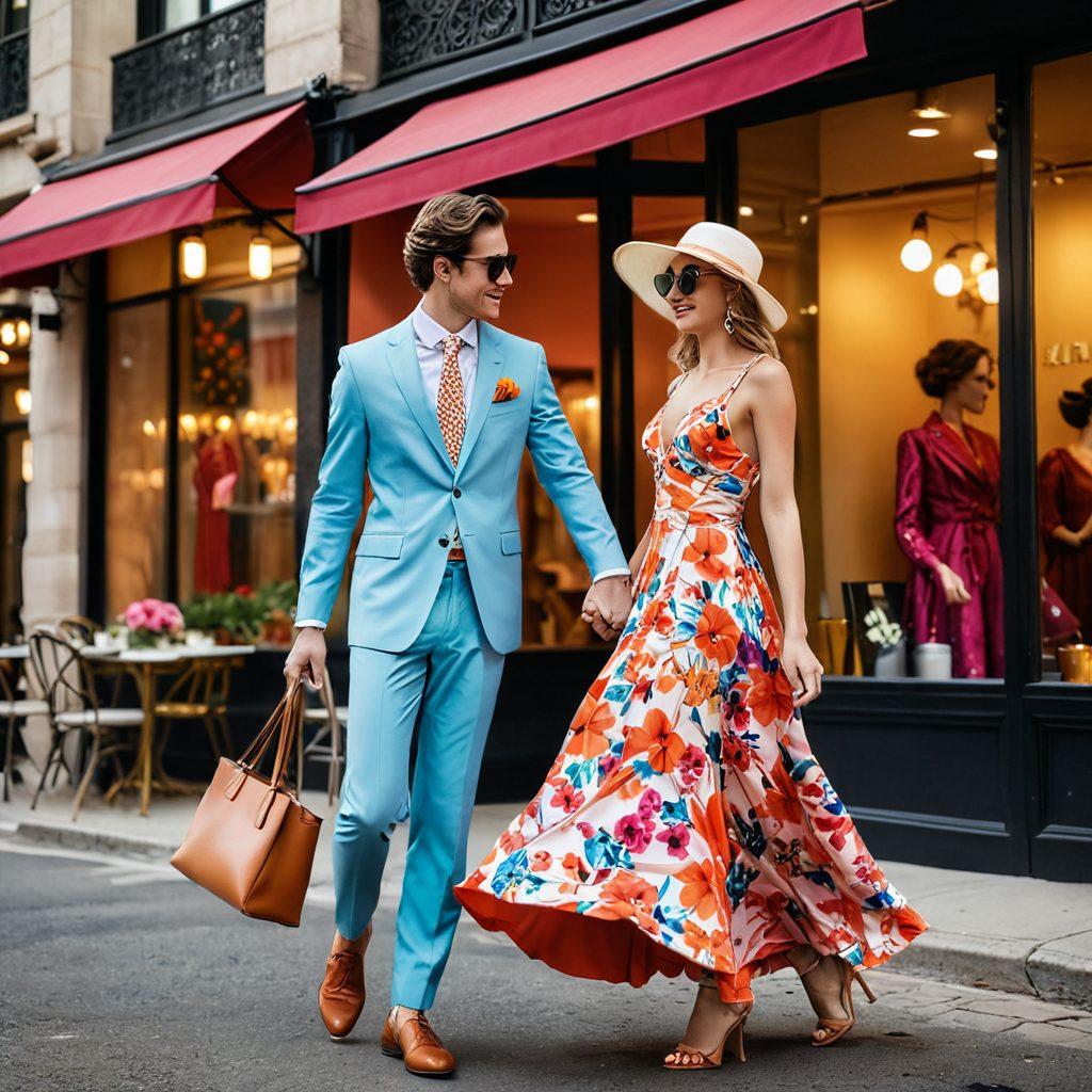 A whimsical fashion scene featuring a couple sharing a romantic moment in a stylish urban setting. The man is wearing a tailored suit with a splash of color, while the woman is in a flowing dress adorned with floral patterns. Surround them with fashion accessories like hats, sunglasses, and handbags, blending elements of romance and style. Soft, warm lighting creates an intimate atmosphere, capturing the essence of love and fashion in harmony. vibrant colors. super-realistic.