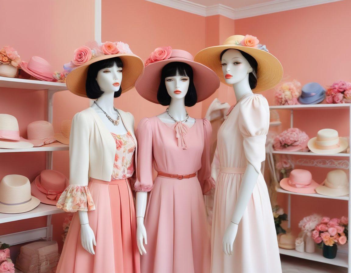 A whimsical scene of a couple playfully trying on oversized hats and colorful accessories in a chic boutique, surrounded by chic clothing racks. The background features soft pastel colors with hints of roses, representing romance and style. The couple shares a flirtatious glance, showcasing joy and connection through fashion. Include stylish mannequins adorned with vibrant outfits to enhance the fashion theme. vibrant colors. soft focus.