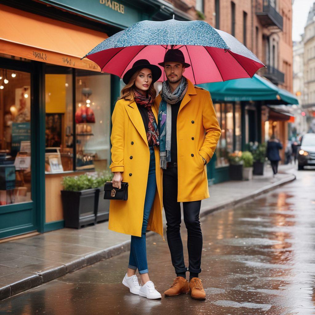 A chic couple dressed in stylish yet casual outfits, standing confidently against a backdrop of a fashionable city street. Each of them showcases unique accessories representing their signature style, with playful elements like fashionable umbrellas or hats subtly integrated. Surround them with floating symbols of insurance, like a protective shield or a stylish document, blending fashion with confidence. The scene should feel vibrant and dynamic, emphasizing modern couple fashion. super-realistic. vibrant colors. urban setting.